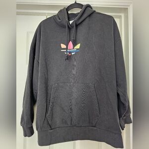 Adidas "Shattered Trefoil" oversized hoodie, black w/multi-colored logo size SM